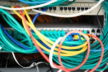renkli kablolar ve ethernet anahtarları ile ağ sunucusu raf