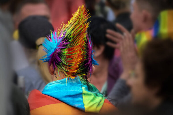 young man from behind with a colorful rainbow wig in punk style 