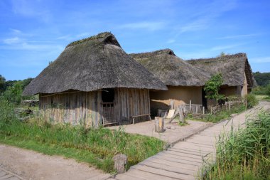 Kuzey Almanya'da Schlei Nehri kıyısında Hedeby Viking köyünde sazdan çatıları ile ahşap ve kilden tarihi evler, mavi gökyüzü, kopya alanı
