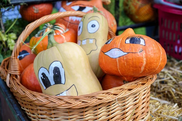 Calabazas decorativas pintadas para Halloween en una cesta —  Fotos de Stock