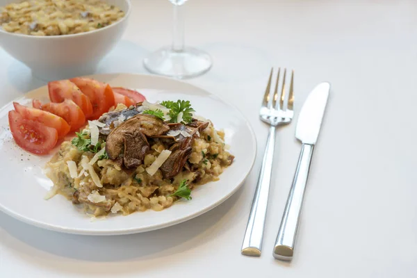 Rendah karbohidrat risotto terbuat dari kembang kol dengan porcini jamur, peterseli, parmesan dan tomat di piring, meja putih, menyalin ruang — Stok Foto
