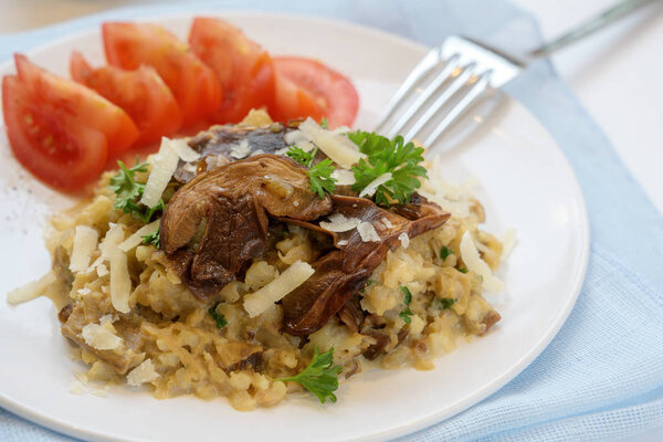 Creamy risotto from cauliflower with porcini mushrooms, vegetarian low carb diet meal with parsley garnish, parmesan cheese and tomatoes on a white plate