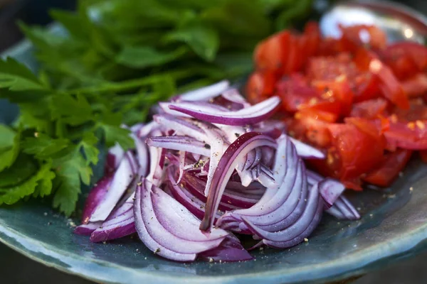 Taze Salata Için Ham Malzemeler Kırmızı Soğan Domates Otlarla Doldurulmuş — Stok fotoğraf