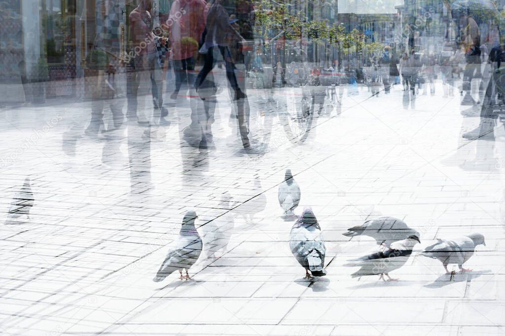 Abstract city life, pigeons and a crowd of people are walking in the shopping street, multiple exposure and motion blur, copy space