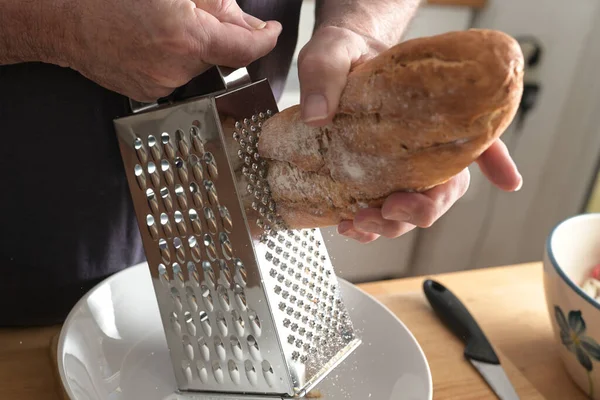 Hands Man Grating Hard Bread Grater Get Breadcrumbs Selected Focus — Stock Photo, Image