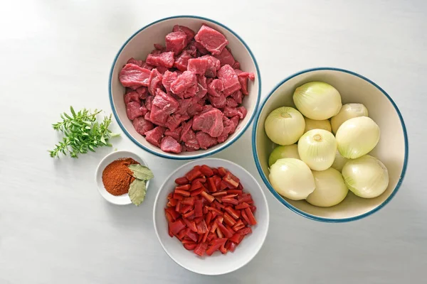 Ingredients Stew Goulash Diced Beef Onions Bell Pepper Herbs Spices — Stock Photo, Image