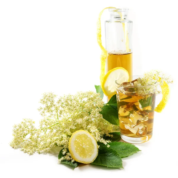 Homemade Elderberry Flower Syrup Bottle Lemonade Drink Glass Lemon Zest — Stock Photo, Image