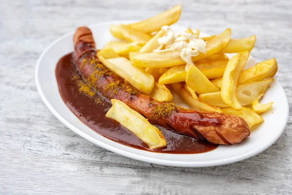 Currywurst Salsicha Com Ketchup Caril Popular Fast Food Alemanha Servido — Fotografia de Stock