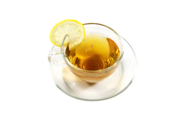 Gorąca Czarna Herbata Plasterkiem Cytryny Szklanym Kubku Odizolowana Białym Tle — Zdjęcie stockowe