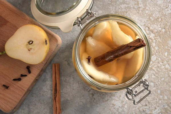 Glass Jar Canned Pears Flavored Cinnamon Cloves Rustic Vintage Stone — Stock Photo, Image