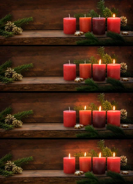 Coleção Quatro Imagens Panorâmicas Velas Advento Vermelho Sendo Acesas Uma — Fotografia de Stock