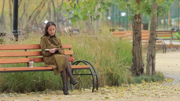 Young Woman Sits Bench Reading Book Autumn Park Drinking Coffee — Stock Video