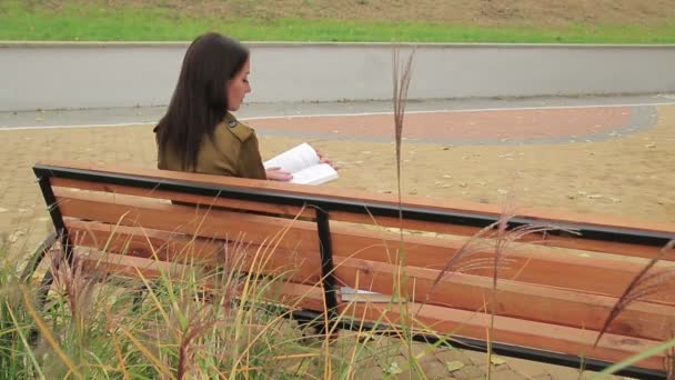 Девочка Сидит Скамейке Читает Книгу Задним Видом Высокой Травой Переднем — стоковое видео