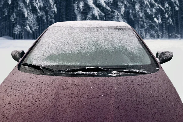 Zmrazené Zimní Auto Vztahuje Sníh Zobrazte Výkladní Sklo Kapuce Zasněžené — Stock fotografie