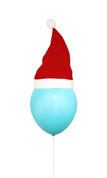 Zabawny Niebieski Balon Helem Czerwony Christmas Santa Kapelusz Białym Tle — Zdjęcie stockowe