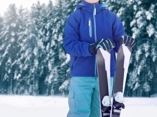 Professional Skier Sportsman Teenager Sportswear Standing Ski Winter Snowy Forest — Stock Photo, Image