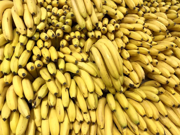 Muchos plátanos amarillos frescos en el supermercado, fondo de concepto de alimentos —  Fotos de Stock