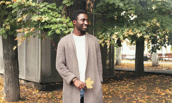 Retrato de moda feliz sorrindo homem africano olhando para longe detém folhas de bordo amarelo no parque de outono — Fotografia de Stock