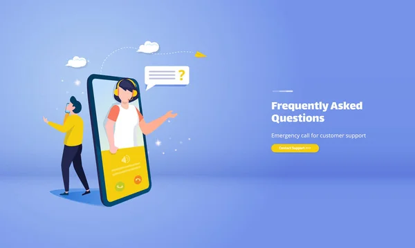 Ilustración Llamada Emergencia Para Atención Cliente Con Concepto Preguntas Frecuentes — Vector de stock