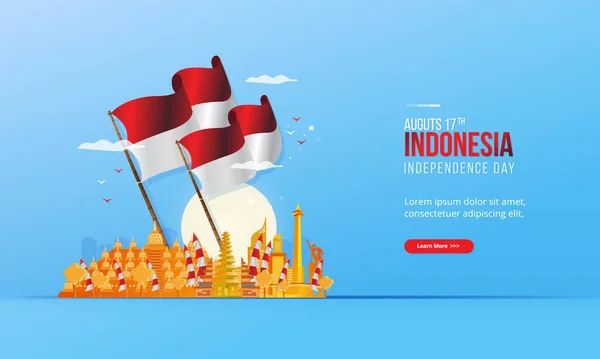 Indonesia Concepto Del Día Independencia Con Bandera Blanca Roja Monumentos — Vector de stock