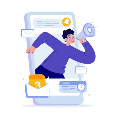 Pazarlama promosyonlarını ya da sosyal medya güncellemelerini paylaşmak için akıllı telefon ekranından çıkan bir adamın tasviri