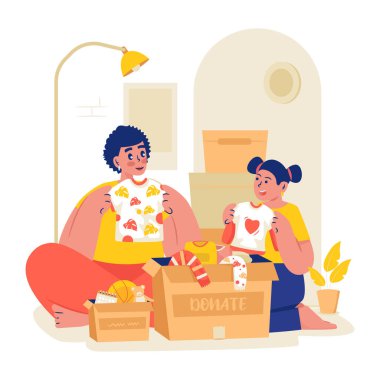 Taşınmaya hazırlanırken giysi bağışı için ayıran bir ailenin vektör illüstrasyonu
