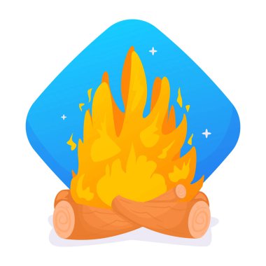 Yanan kütükler ve turuncu alevlerle parlak kamp ateşinin vektör nesnesi çizimi, kamp ya da açık hava macera kavramını sembolize ediyor.