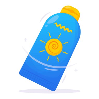 Yaz tatili, güneş koruması, plaj veya açık hava aktivitelerini temsil eden güneş kremi şişesinin vektör nesnesi çizimi.