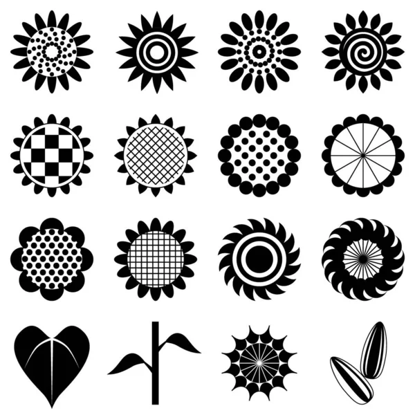 Conjunto Iconos Girasol Blanco Negro Ilustración Vectorial — Vector de stock