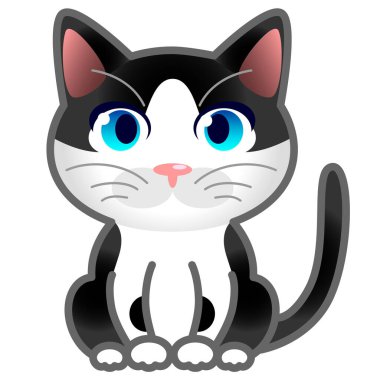 Mavi gözlü siyah beyaz kedi. vektör illüstrasyonu. 