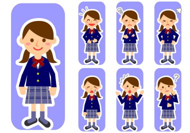 Çeşitli yüz ifadeleri. Tam bir kadın öğrenci karakteri. Vektör illüstrasyonu