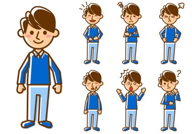 Çeşitli yüz ifadeleri. Tam bir erkek karakteri. Vektör illüstrasyonu