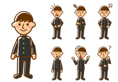 Çeşitli yüz ifadeleri. Erkek öğrenci karakterinin tamamı. Vektör illüstrasyonu