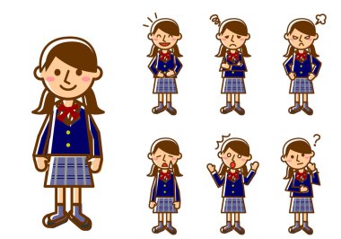 Çeşitli yüz ifadeleri. Tam bir kadın öğrenci karakteri. Vektör illüstrasyonu