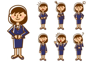 Çeşitli yüz ifadeleri. Kadın ofis çalışanı karakteri. Vektör illüstrasyonu