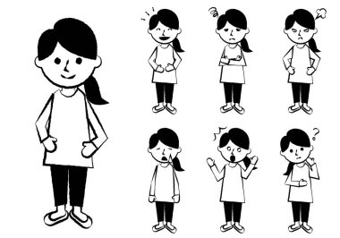 Çeşitli yüz ifadeleri. Tam bir kadın karakteri. Vektör illüstrasyonu