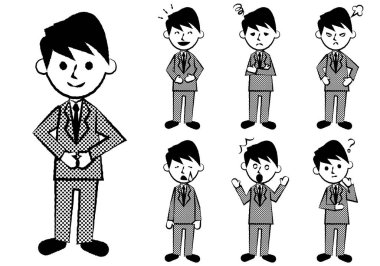 Çeşitli yüz ifadeleri. Erkek ofis çalışanı karakteri. Vektör illüstrasyonu