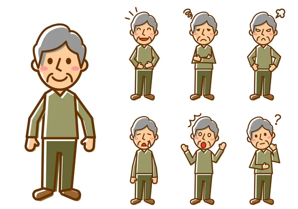 Set Various Facial Expressions Whole Body Elderly Men Character Vector — Stock Vector