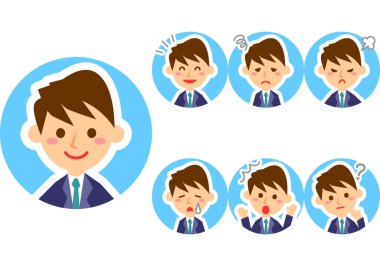 Çeşitli yüz ifadeleri. Erkek ofis çalışanı karakterinin üst vücudu. Vektör illüstrasyonu