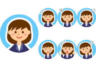 Çeşitli yüz ifadeleri. Kadın ofis çalışanı karakterinin üst vücudu. Vektör illüstrasyonu