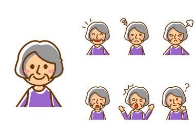 Çeşitli yüz ifadeleri. Yaşlı kadın karakterinin üst vücudu. Vektör illüstrasyonu