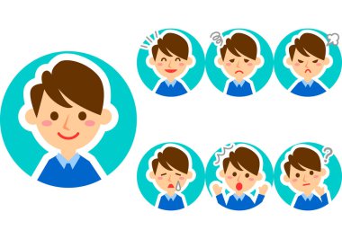 Çeşitli yüz ifadeleri. Erkek karakterinin üst tarafı. Vektör illüstrasyonu