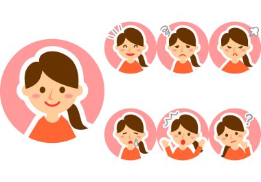 Çeşitli yüz ifadeleri. Kadın karakterinin üst tarafı. Vektör illüstrasyonu