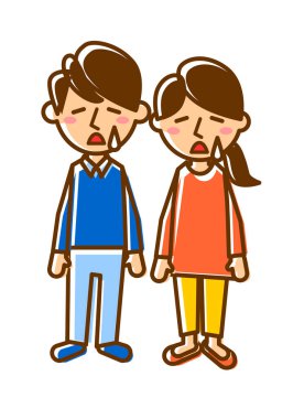 Üzüntünün yüz ifadeleri. Tüm erkek ve kadın vücudu. Vektör illüstrasyonu