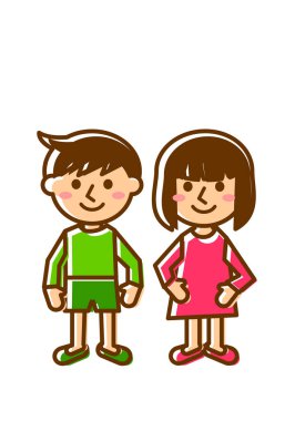 Gülümsemenin yüz ifadeleri. Tüm erkek ve kız vücudu. Vektör illüstrasyonu