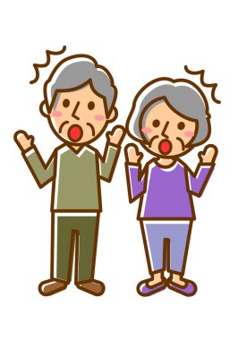 Şaşırmanın yüz ifadeleri. Yaşlı bir erkek ve kadının tüm vücudu. Vektör illüstrasyonu