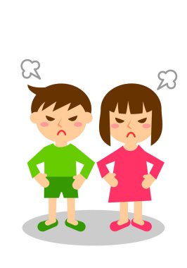 Öfkenin yüz ifadeleri. Tüm erkek ve kız vücudu. Vektör illüstrasyonu