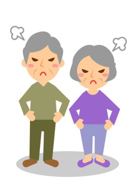 Öfkenin yüz ifadeleri. Yaşlı bir erkek ve kadının tüm vücudu. Vektör illüstrasyonu