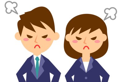 Öfkenin yüz ifadeleri. Erkek ve kadın ofis çalışanlarının üst gövdesi. Vektör illüstrasyonu