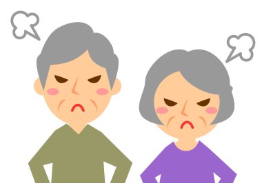 Öfkenin yüz ifadeleri. Yaşlı erkek ve kadının üst vücudu. Vektör illüstrasyonu